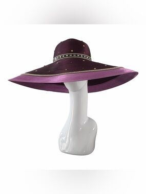 Donna Vinci Couture Plum & Scarlet 24” Wide Brim Hat w/Black Trim & Rhinestones